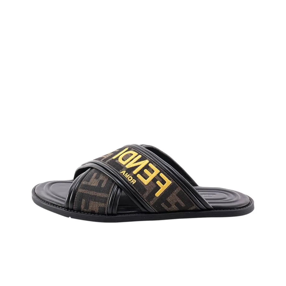 FENDI FF Motif Fabric Slide 'Embroidered Logo - Tobacco'