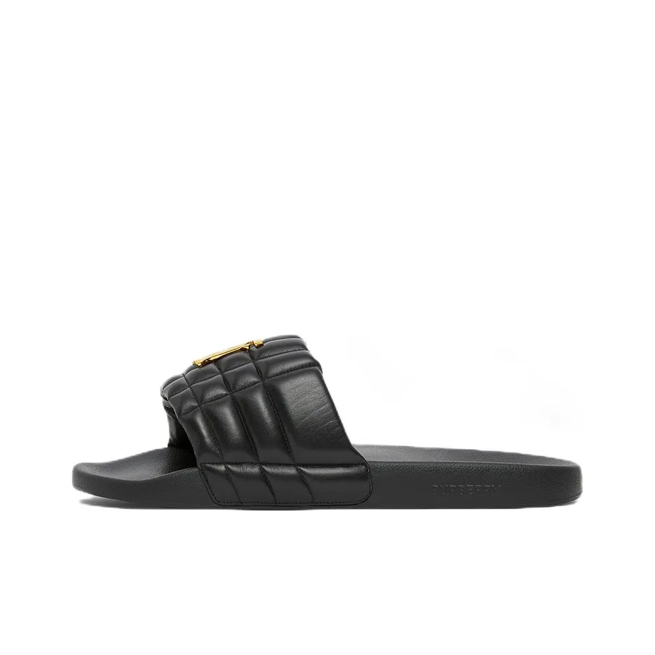 Burberry Monogram Motif Quilted Lambskin Slides Black Gold-tone