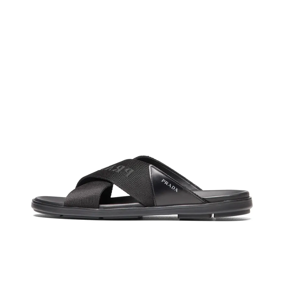 PRADA Nylon Tape Crisscross Slides Black Leather Men's
