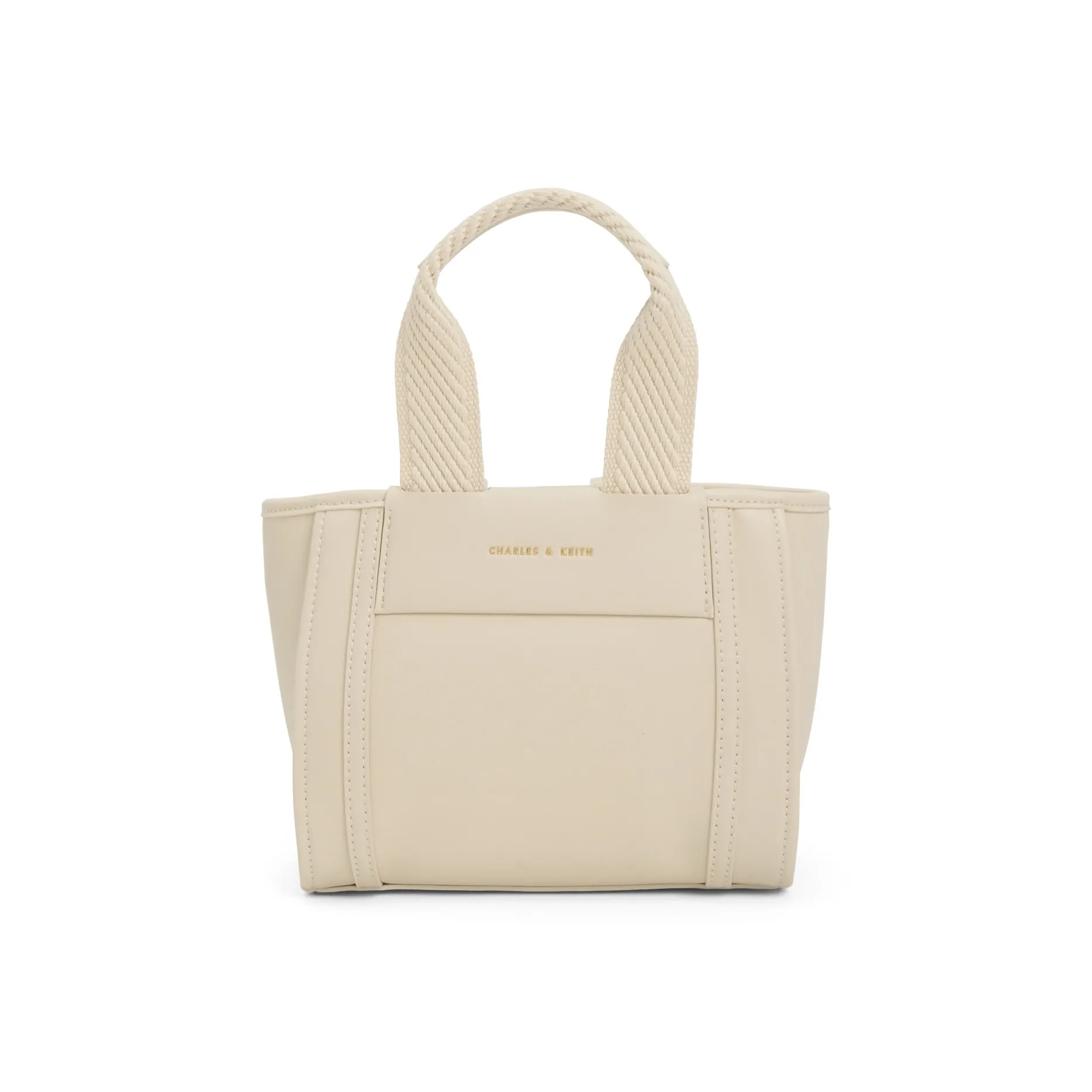 CHARLES&KEITH Canvas Bag, Handbag Small Size Women's Jet Black/Cognac Light Umber/Beige