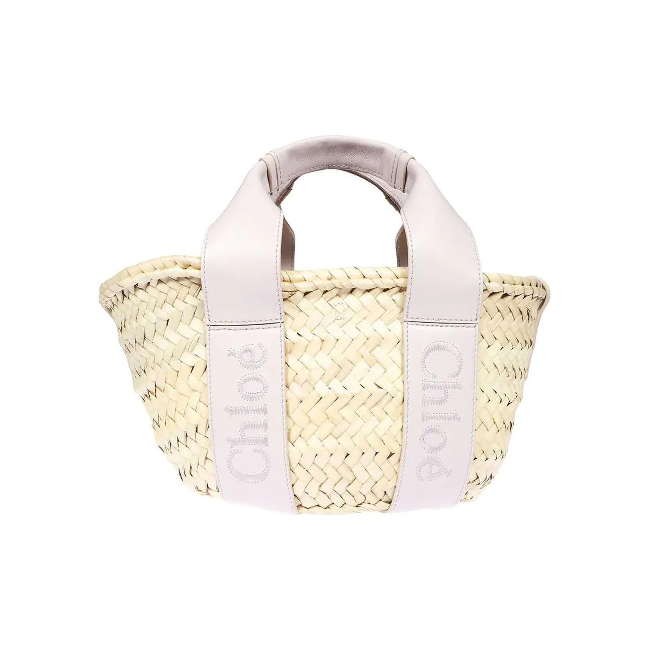 Chloe Raffia With Smooth Calfskin Basket Bag, Shoulder Bag, Crossbody Bag, Handbag Trumpets Women's Gray Pink