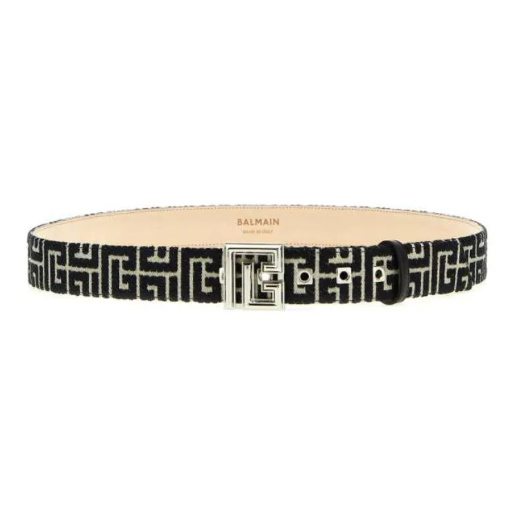 BALMAIN Logo Patterned Print Smooth Buckle Leather Belts Women's Black Width 4CM