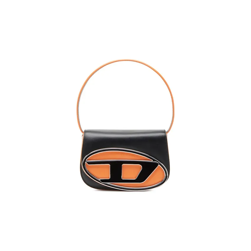 DIESEL Cow Leather Portable Crossbody Bag, Shoulder Bag Women's Black/Orange
