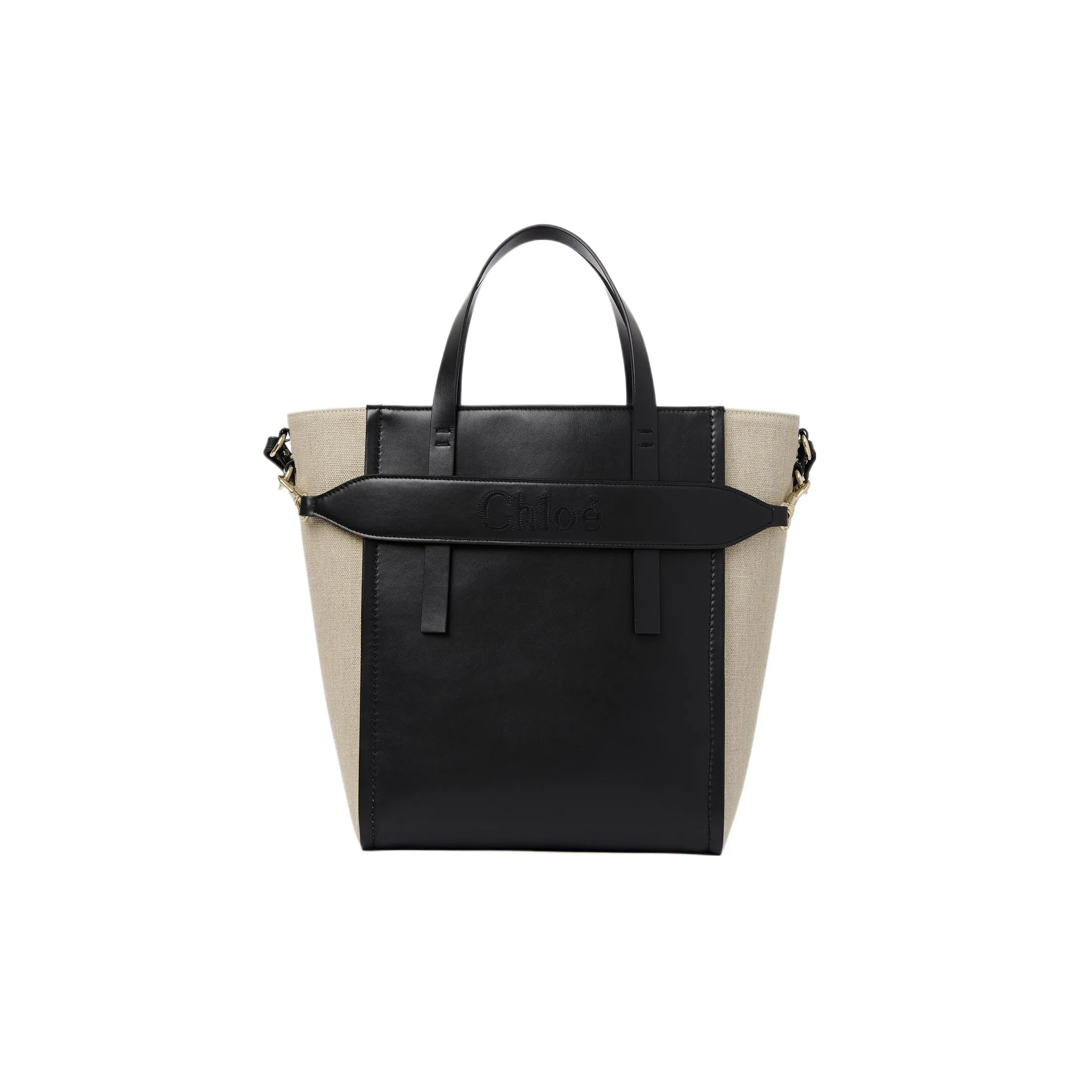 Chloe Bright Calfskin With Linen Tote Bag, Shopping Bag, Shoulder Bag, Crossbody Bag, Handbag Medium Size Women's Black
