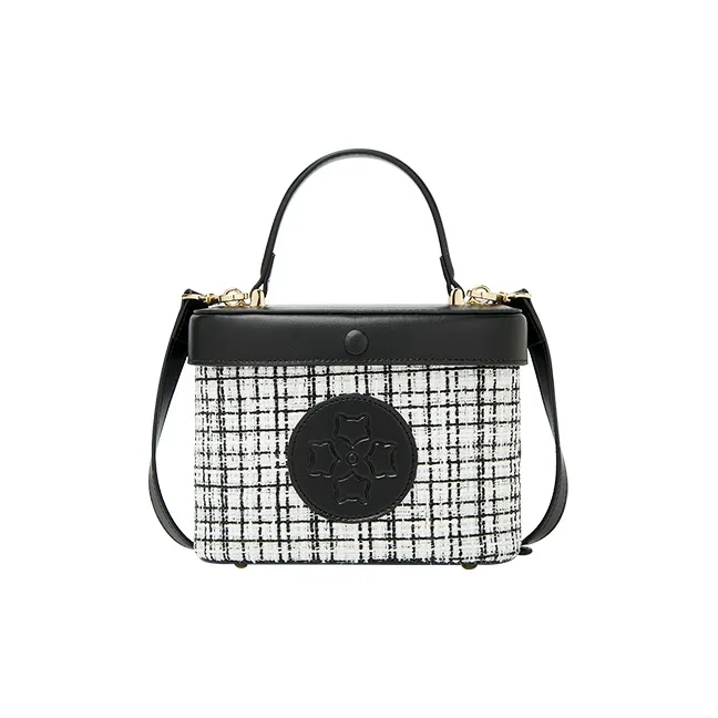 FOXER Microfiber Synthetic Leather Mosaic Fabric Box Bag Shoulder Bag Small Women's Black White Pink