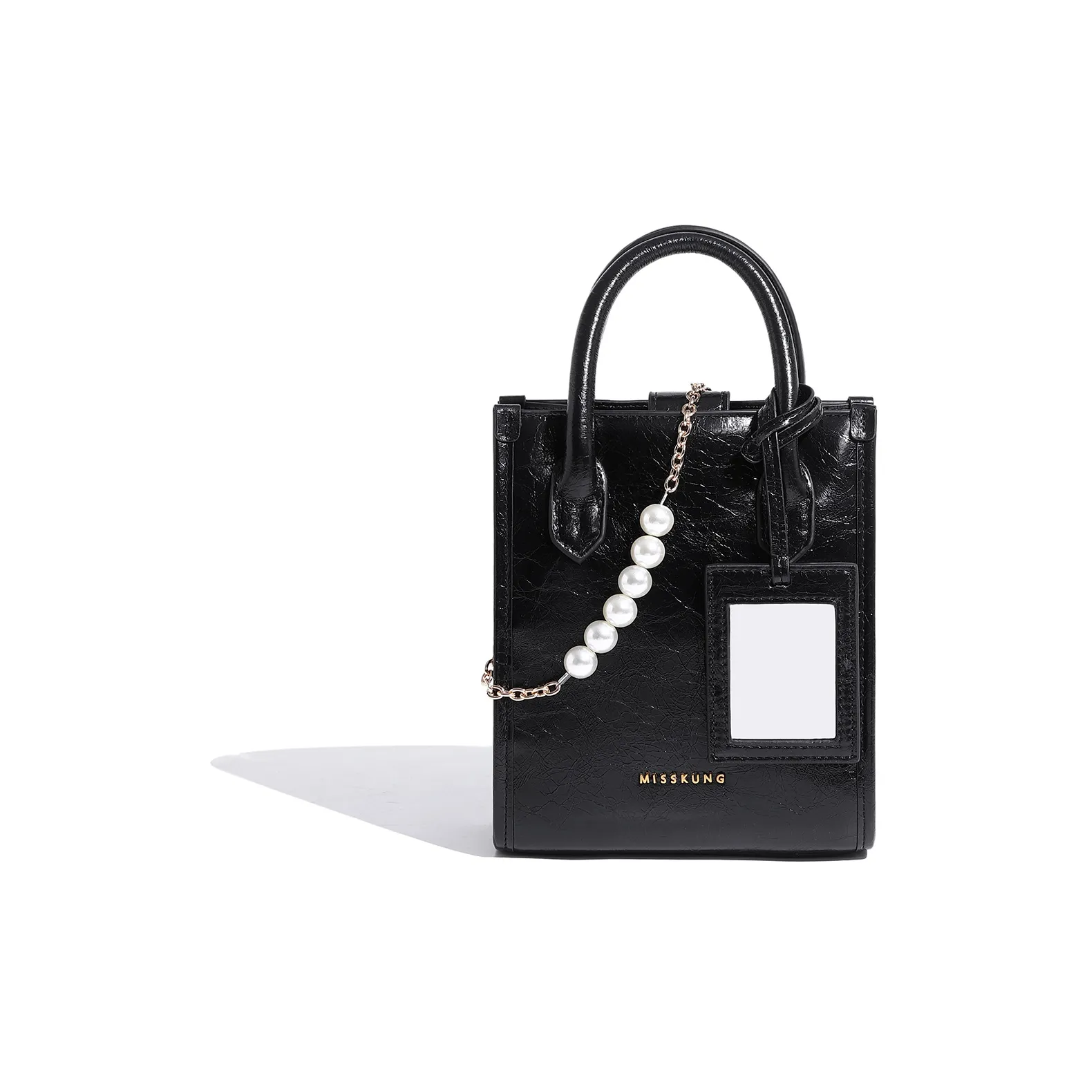 Miss Kung Waxed Leather Tote Bag Shopping Bag Pearl Bag Shoulder Bag Crossbody Bag Handbag Mini Women's Black