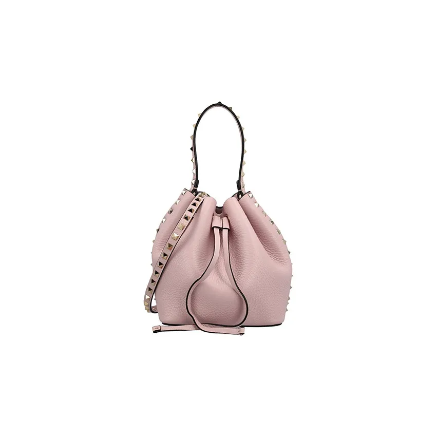 Valentino Rockstud Grain Calfskin Bucket Bag, Handbag, Shoulder Bag, Crossbody Bag Small Size Women's Pink