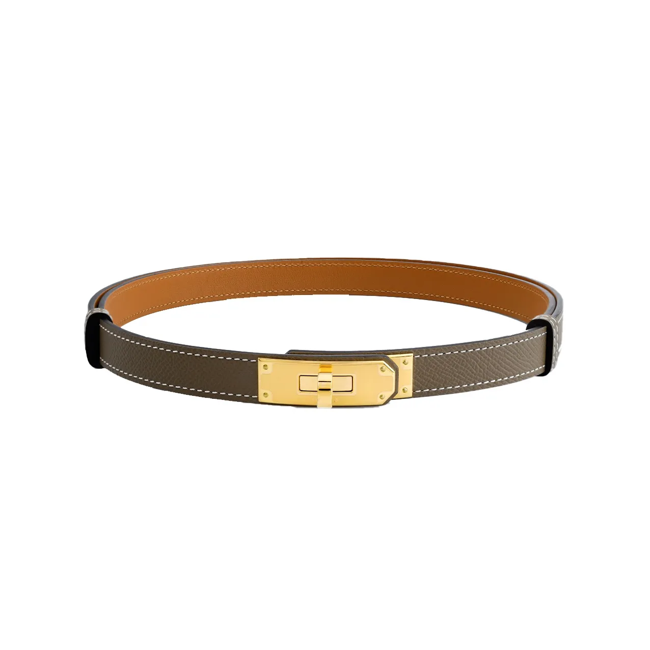 HERMES Cow Leather Leather Belts Unisex Elephant Gray/Gold Brown 1.8cm