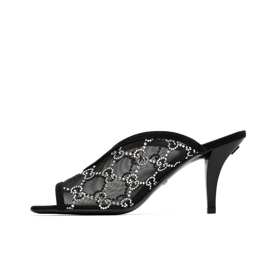 GUCCI Gg Crystal 75mm Heeled Sandal Black Mesh Women's
