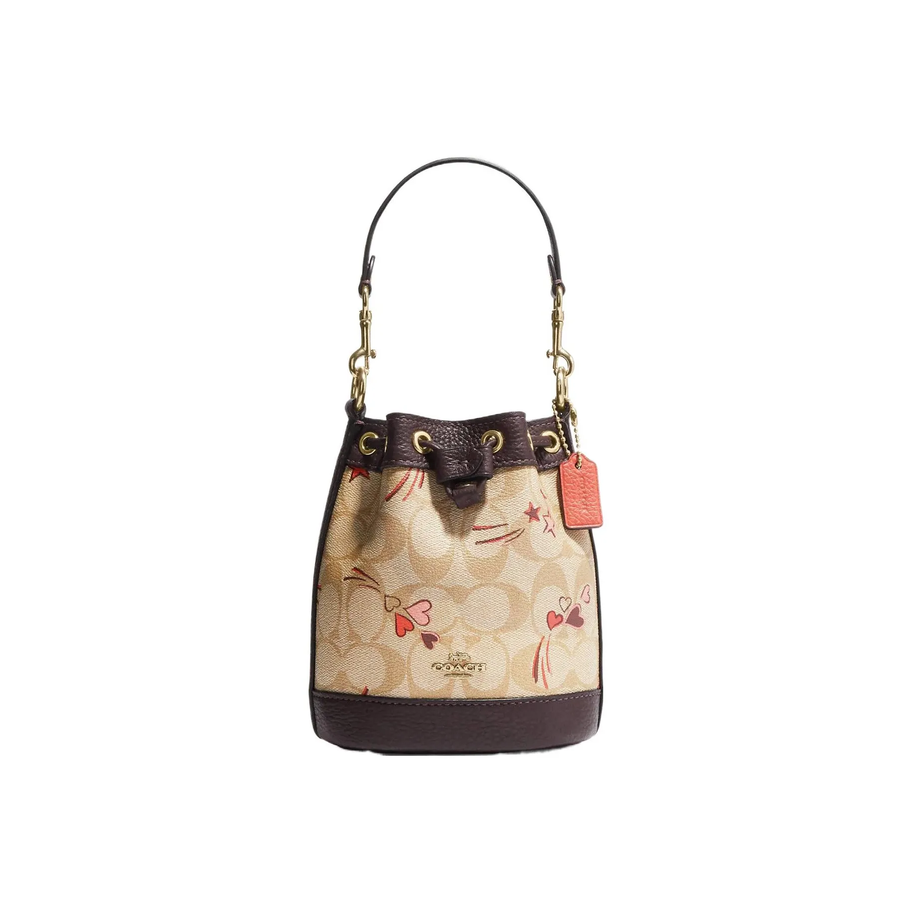 COACH Bucket Classic Jacquard Leather Bucket Bag, Handbag, Shoulder Bag Trumpets Women's Beige & Dark Brown