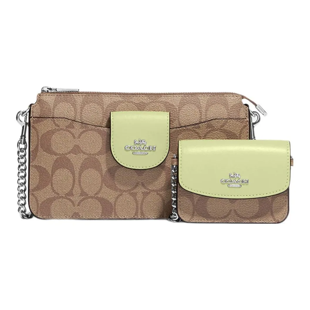 COACH Canvas With Leather Combo Bag Shoulder Bag Crossbody Bag Small Size Women's Brown Lime