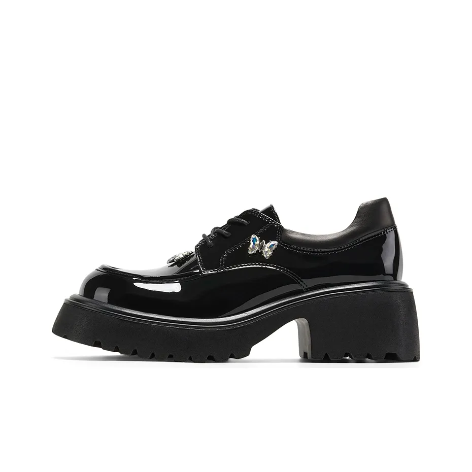 GG CC Vintage Platform Small Leather Shoes British Style Butterfly Loafers 5.5cm Women's Black