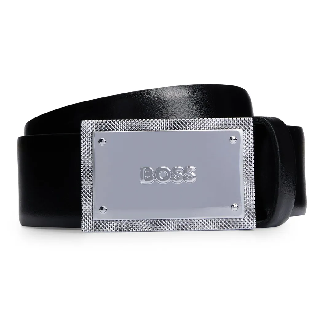 HUGO BOSS Brand Logo Plaque Smooth Buckle Leather Belts Men's Black Width  3.5cm