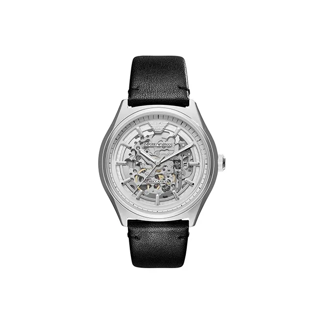 EMPORIO ARMANI Machine Wrist Watch Mechanical Movement Leather Watch Bands 43mm Silver Dial Men's Watches