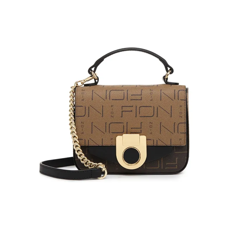 FION Artificial Leather With Cow Leather Small Square Bag, One Shoulder Handbag, Crossbody Bag Women's Coffee
