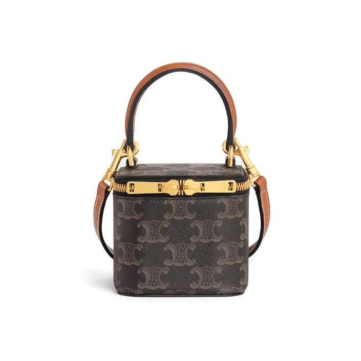 CELINE Triomphe Canvas paneled Calfskin Trim Box Bag Shoulder Bag Crossbody Bag Handbag Mini Women's Tawny
