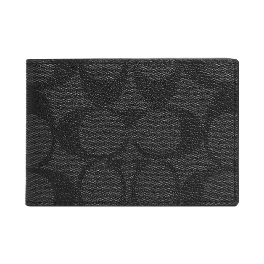 COACH Billfold Wallet Coated Canvas With Calfskin Card Slot Document Set Coin Purse Wallet Unisex Black