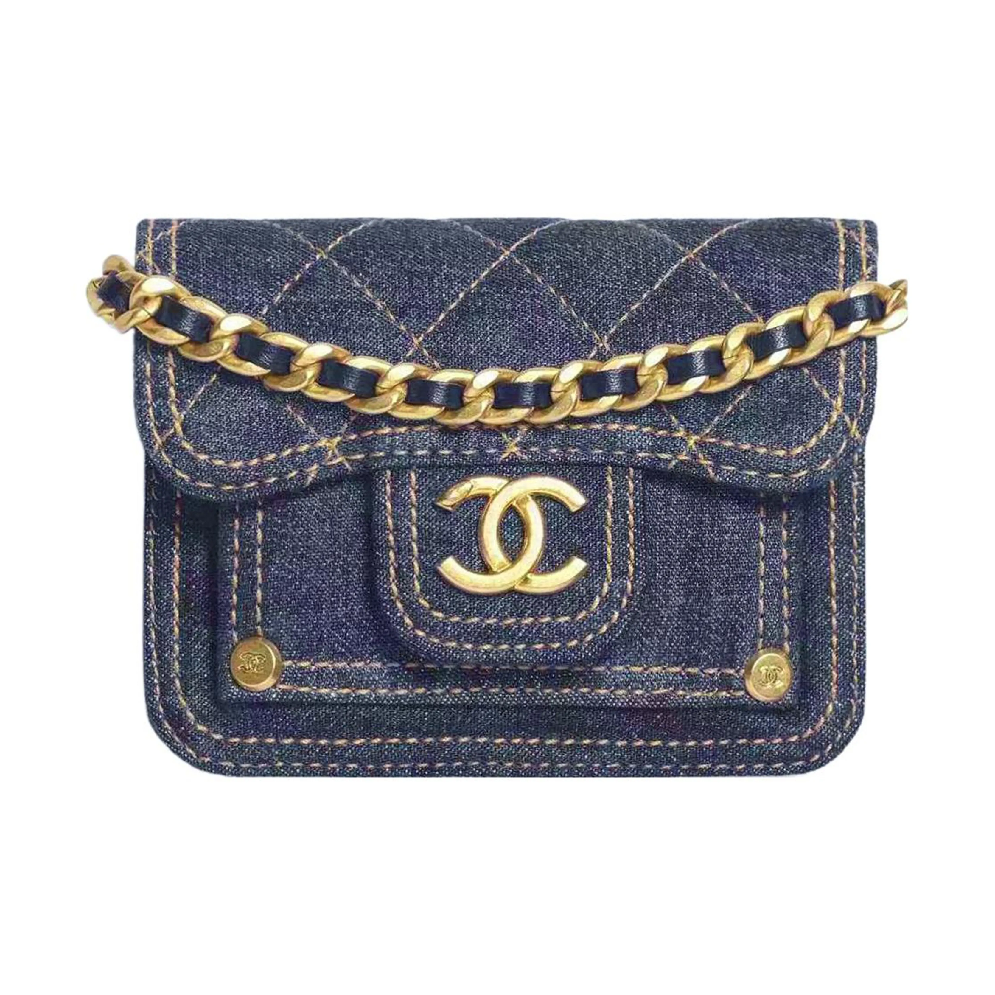 CHANEL Denim Shoulder Bag Crossbody Bag Mini Women's Blue
