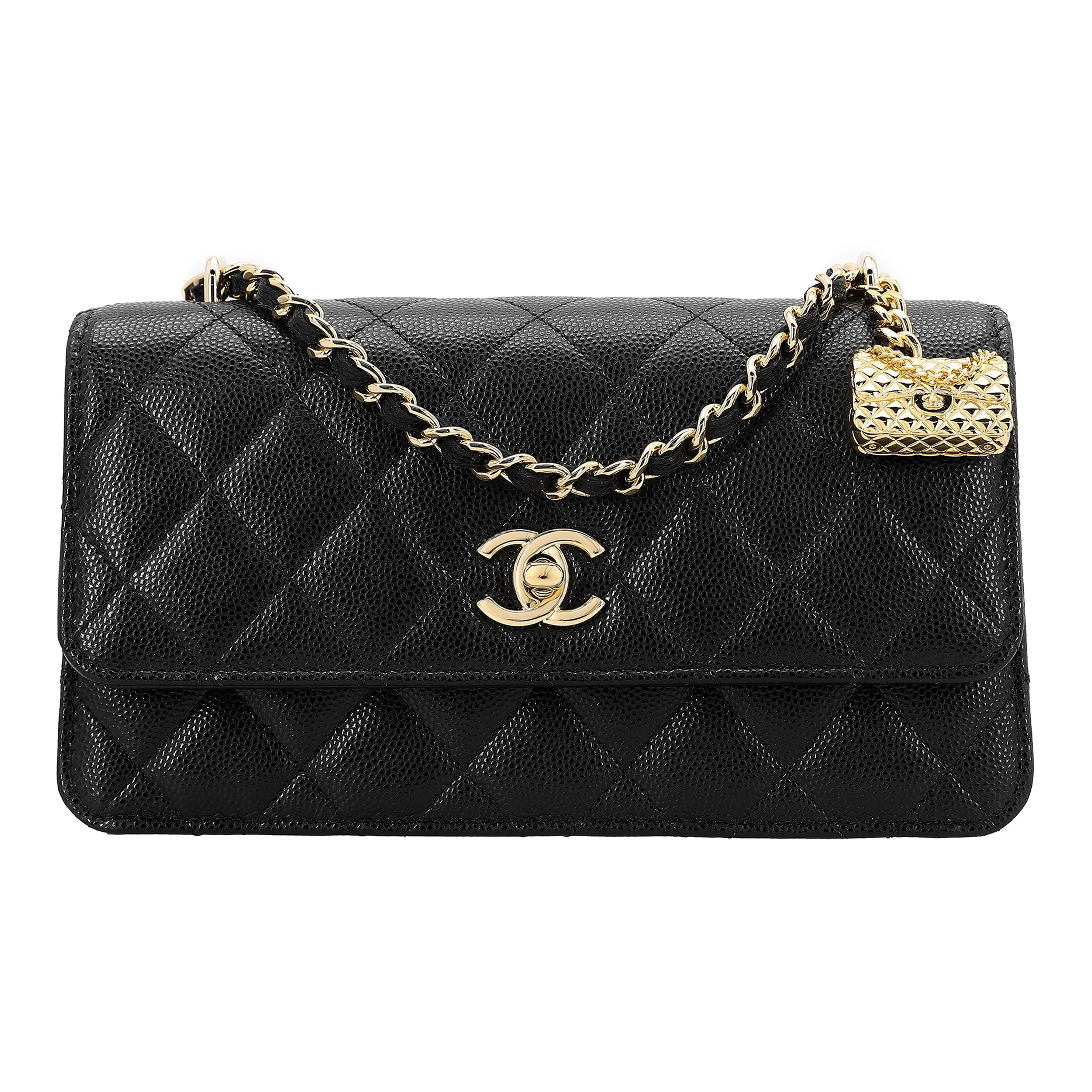 CHANEL WOC Litchi Grain Cow Leather Clutch Chain Bag Coin Purse Wallet Large Size Women's Black