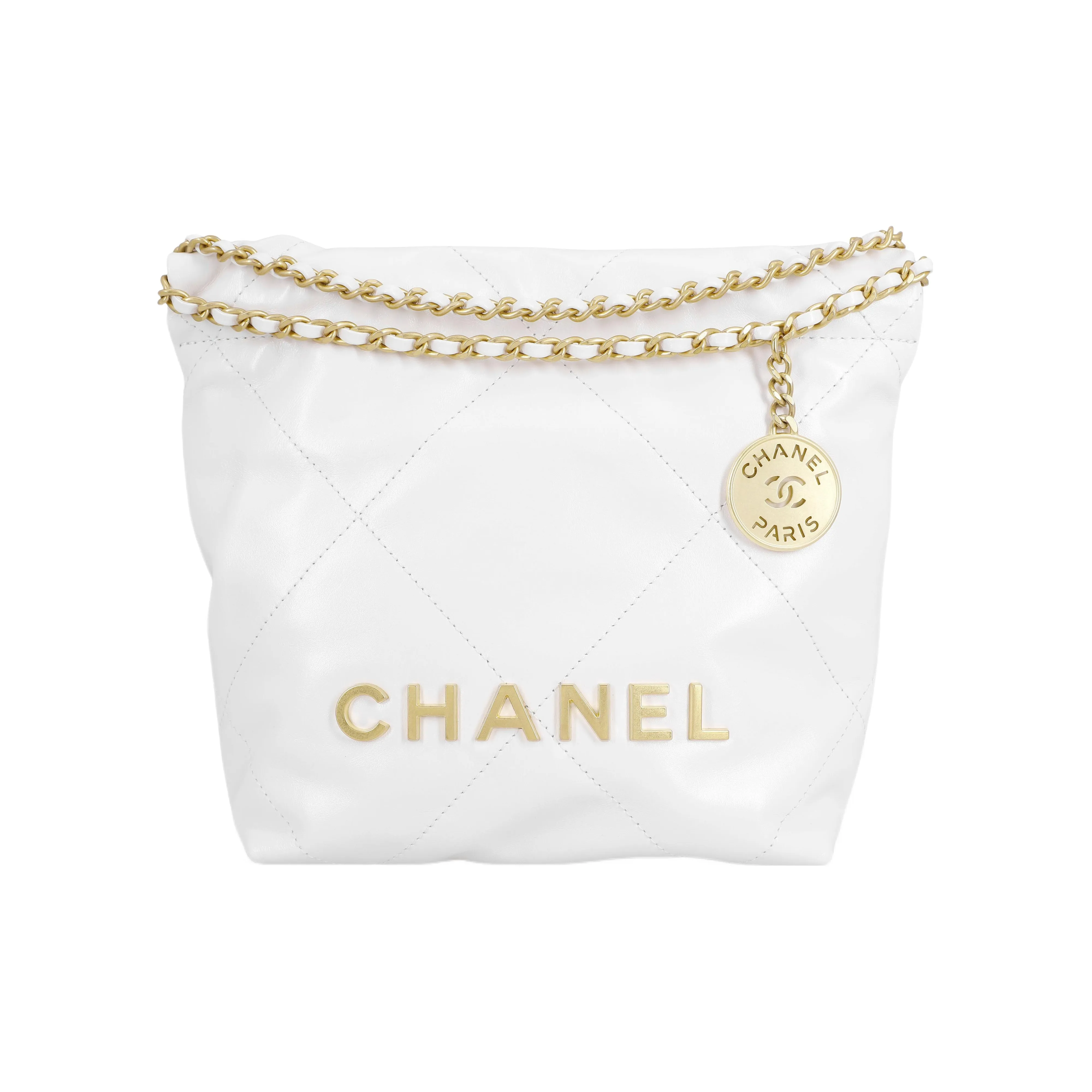 CHANEL 22Bag Bright Calfskin Bucket Bag, Shoulder Bag, Crossbody Bag Mini Women's White Gold