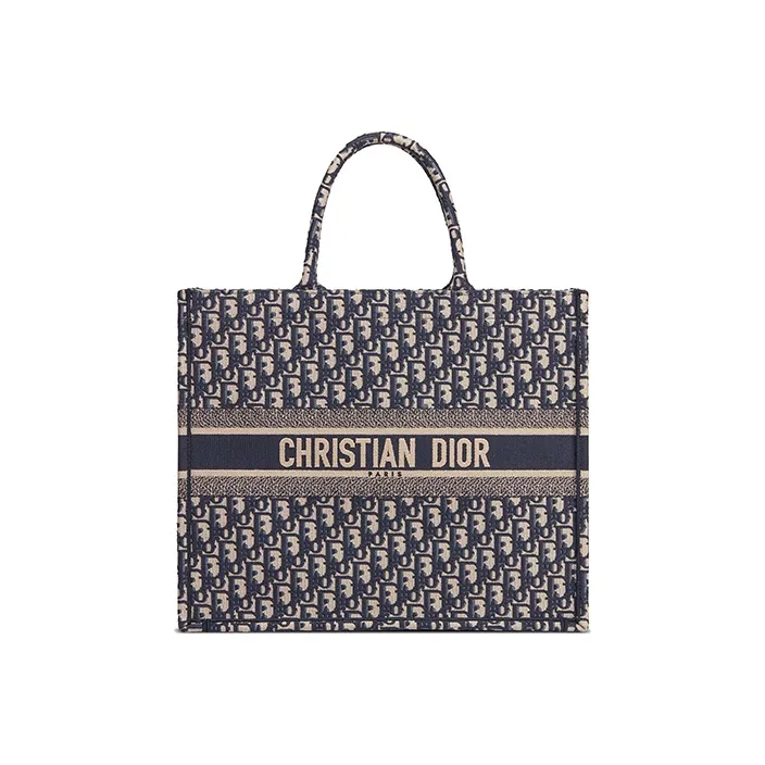DIOR Large DIOR Book Tote Ecru And Blue DIOR Oblique Embroidery