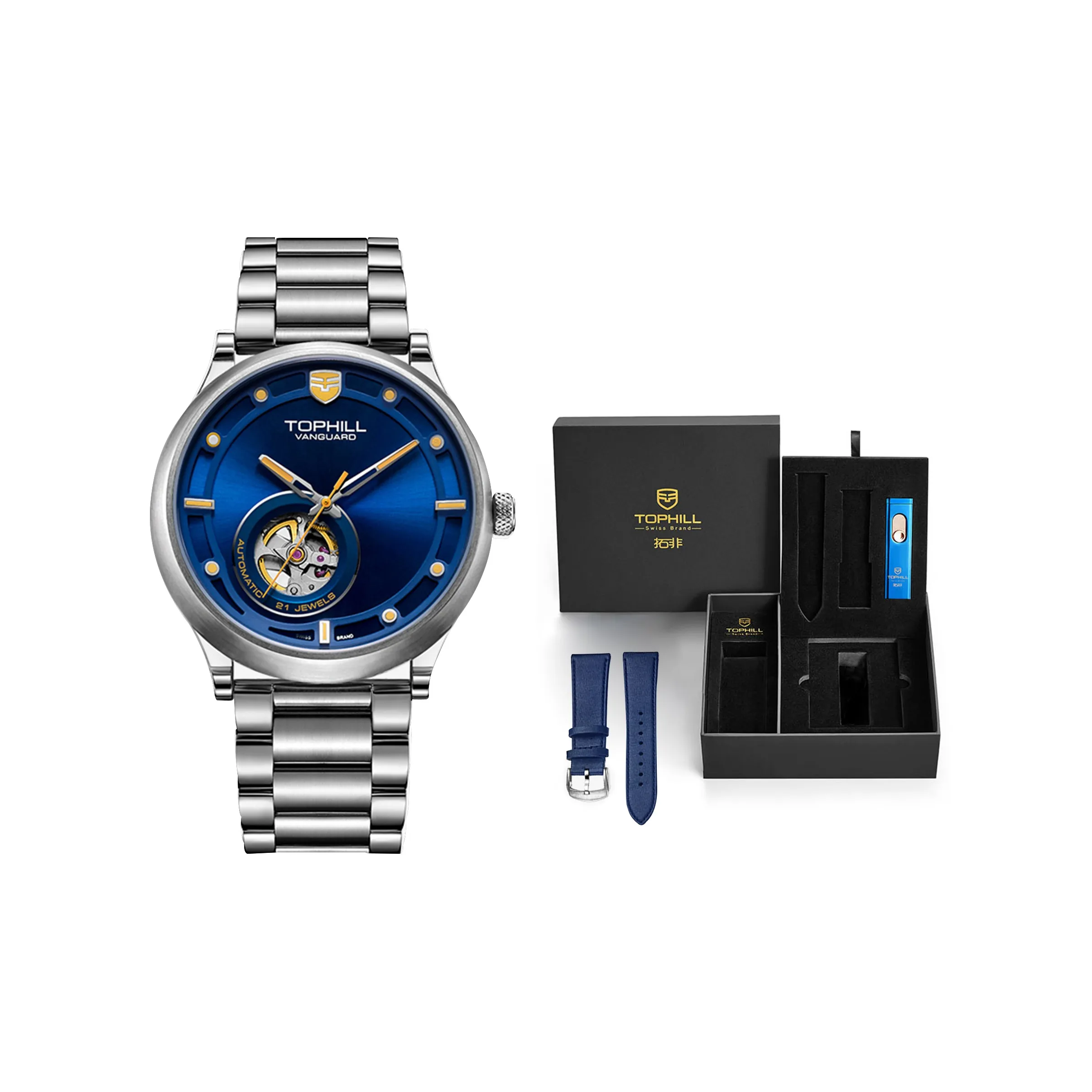 TOPHILL Mechanical Movement Stainless Steel Watchband Watch Men's Watches Blue Dial TV005G