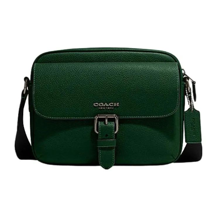 COACH Hudson Pebble Texture Cow Leather Camera Bag, Shoulder Bag, Crossbody Bag Medium Size Men's Dark Green