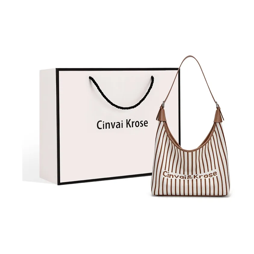 Simvay Clos Canvas Stripes Tote Bag Shopping Bag Shoulder Bag Women's Light Coffee/Black
