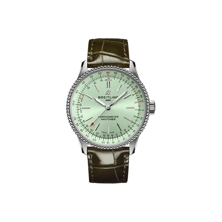 BREITLING Automatic Mechanical Movement Women's Watch 35mm Green Dial Stainless Steel Case Leather Strap