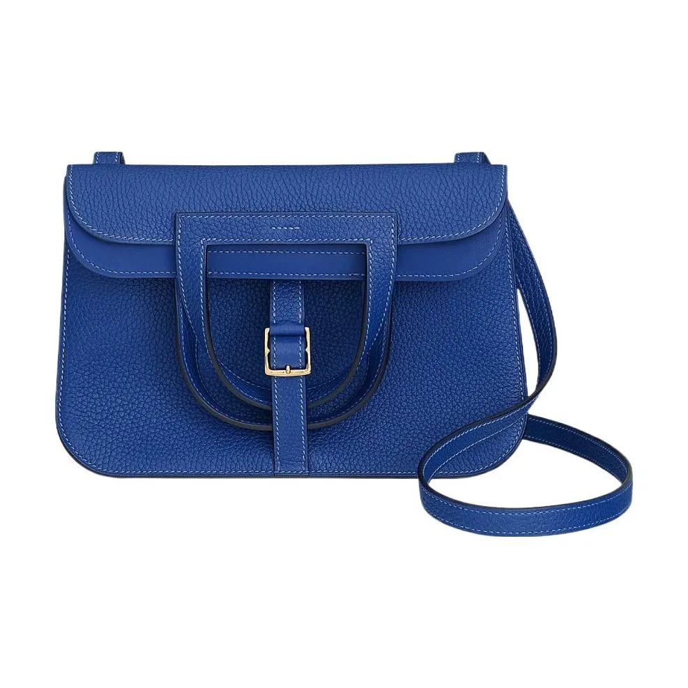 HERMES Halzan Clemence Bullock Leather Horse Shoe Bag Handbag Shoulder Bag Crossbody Bag 25 Women's Blue