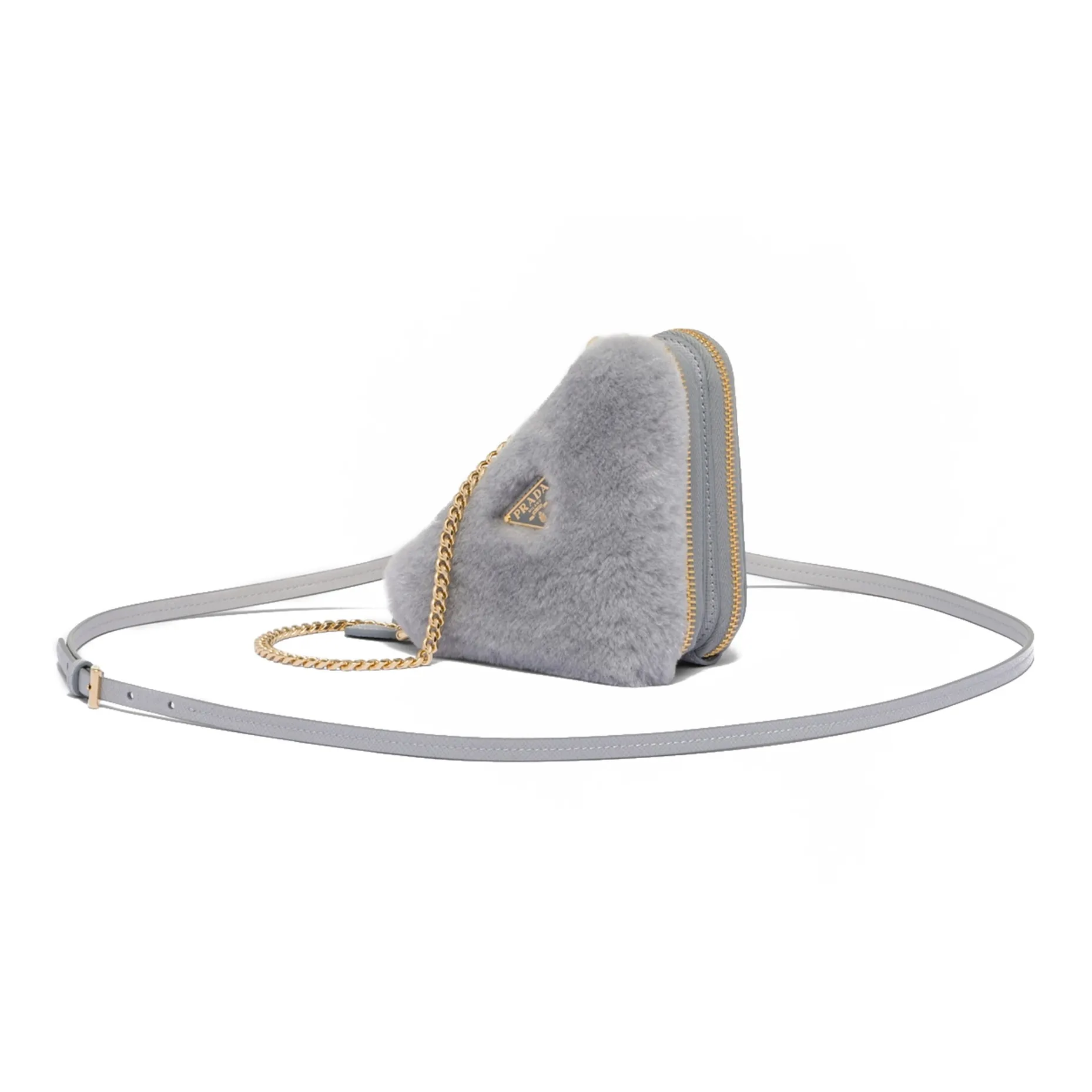 PRADA Shearling With Leather One Shoulder Crossbody Clutch Mini Women's Gray