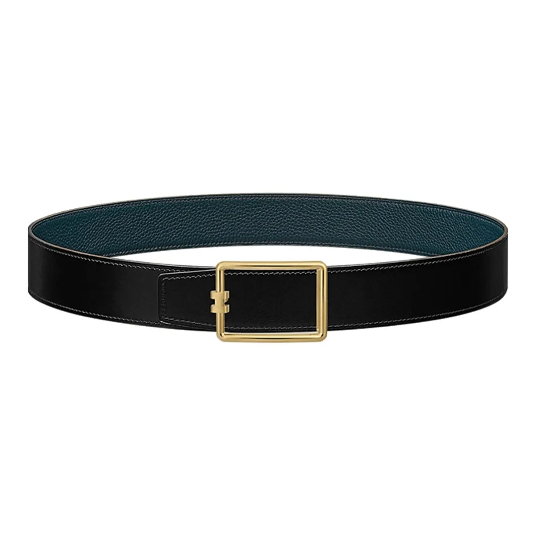 HERMES Tube H Matte H Line, Gold Smooth Buckle Calfskin Double Sided Leather Belts Men's Black Width 3.8cm