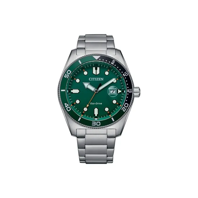 CITIZEN Светильник Кварцевый механизм Нержавеющая сталь Ремешок Часы Мужские Зеленый циферблат AW176880X