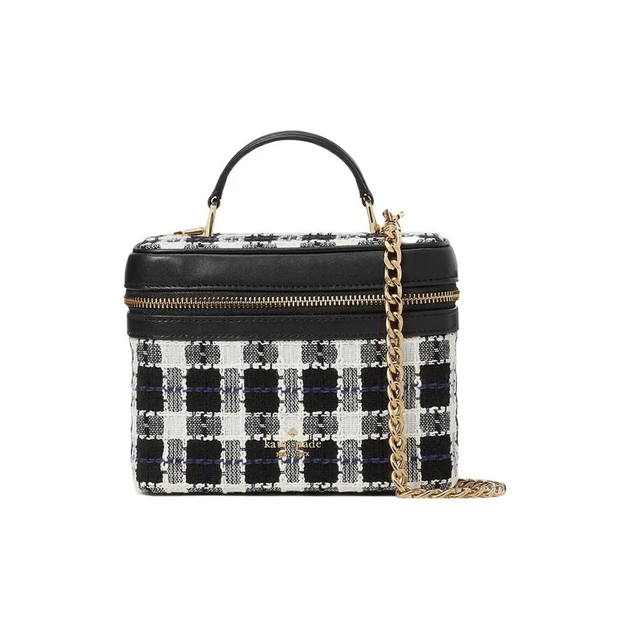 Kate Spade Flannel With Leather Box Bag, Handbag, Shoulder Bag, Crossbody Bag Women's Black White