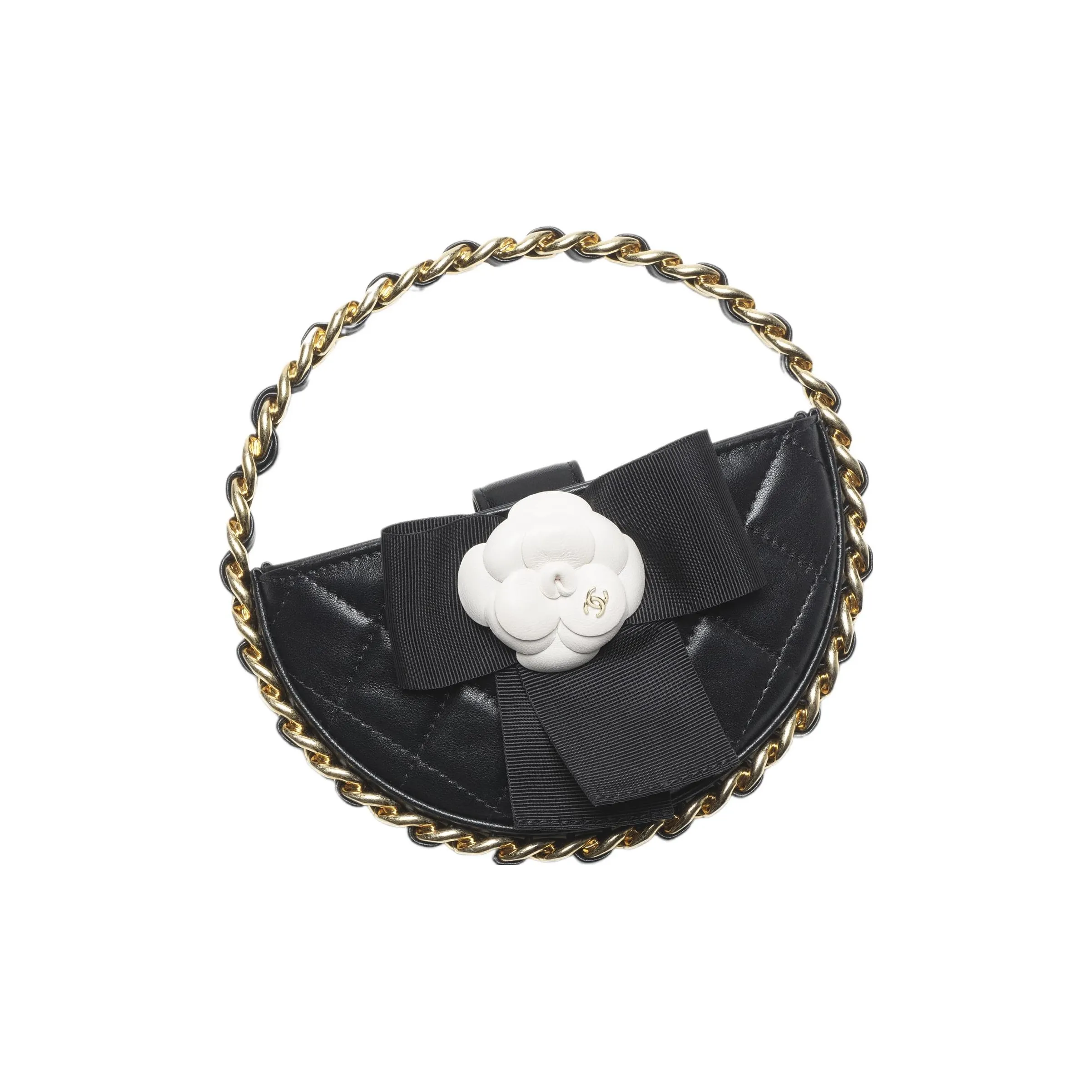 CHANEL Sheepskin With Cow Leather Carry on Bag Round Shaped Handbag Clutch Women's Black