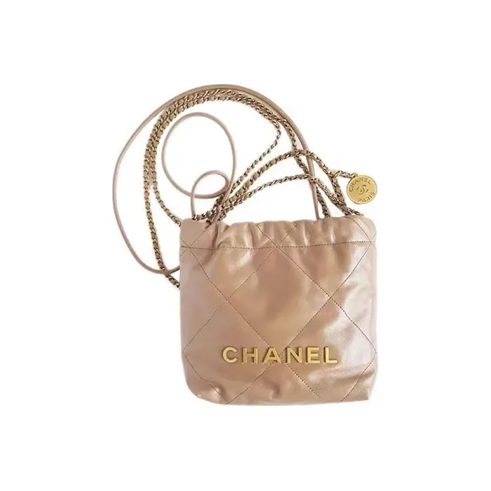 CHANEL 22Bag Bright Calfskin Bucket Bag, Shoulder Bag, Crossbody Bag Mini Women's Milk Tea Beige