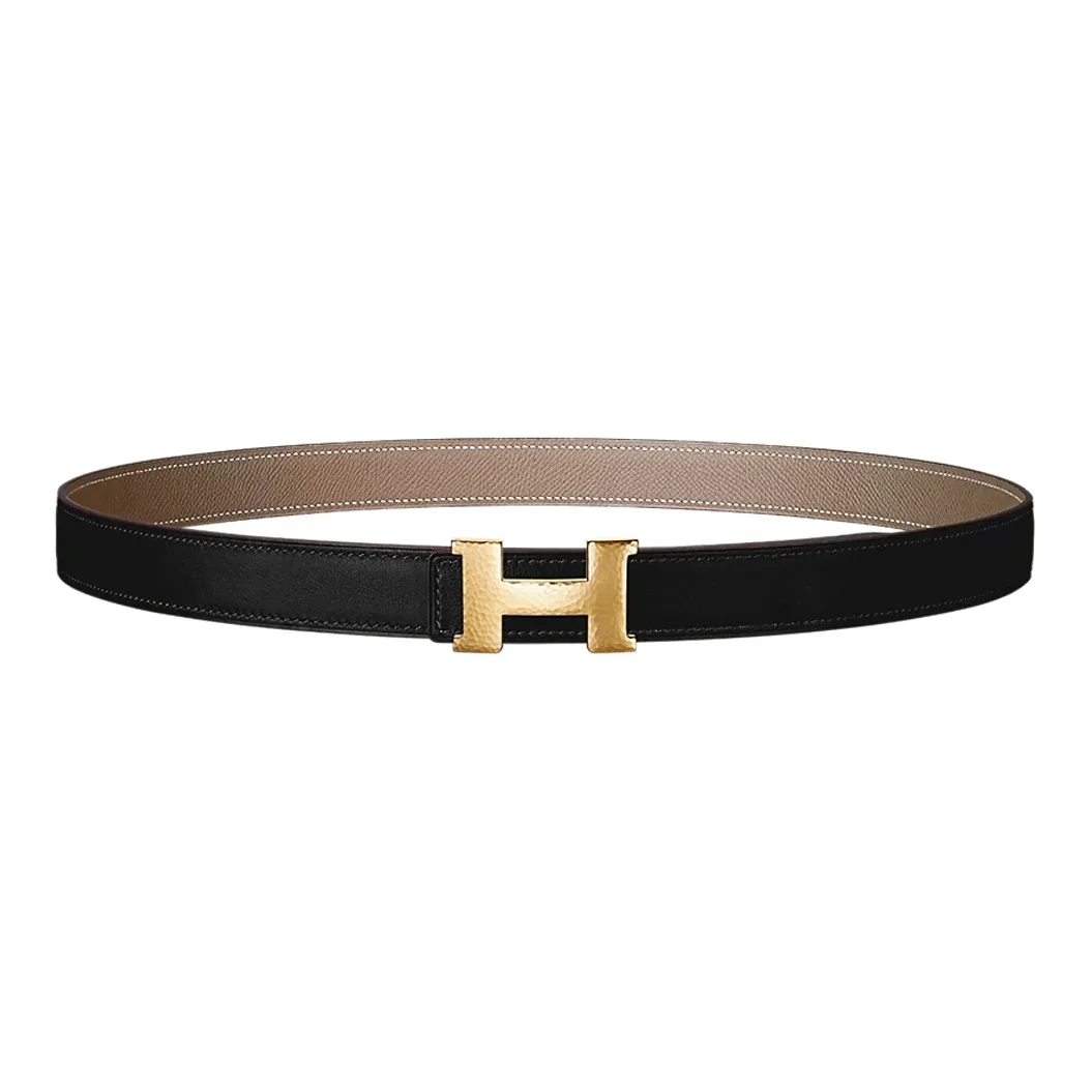 HERMES Constance Double Sided H Shaped Decoration Smooth Buckle Leather Belts Women's Black Width 2.4cm