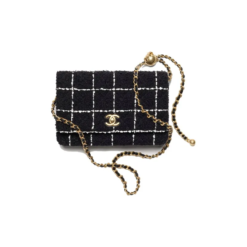CHANEL Wool Twill Soft Woolen Shoulder Bag, Crossbody Bag Women's Black & White