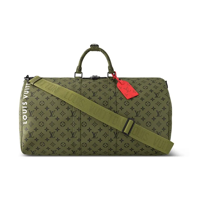 LOUIS VUITTON Keepall Bandouliere 55 Khaki Green/Vermillion Red