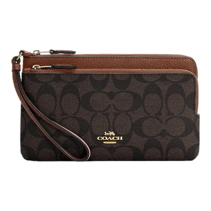COACH Double Zip Wallet Холст с кожей Мелочь Кошелек Запястье Сумка Кошелек Женские Черный Коричневый
