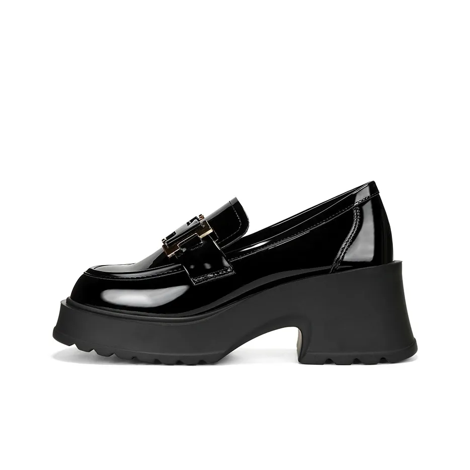 OMS Leather British Style Versatile Fashion Platform Loafers Platform Shoes 6cm Women's Black