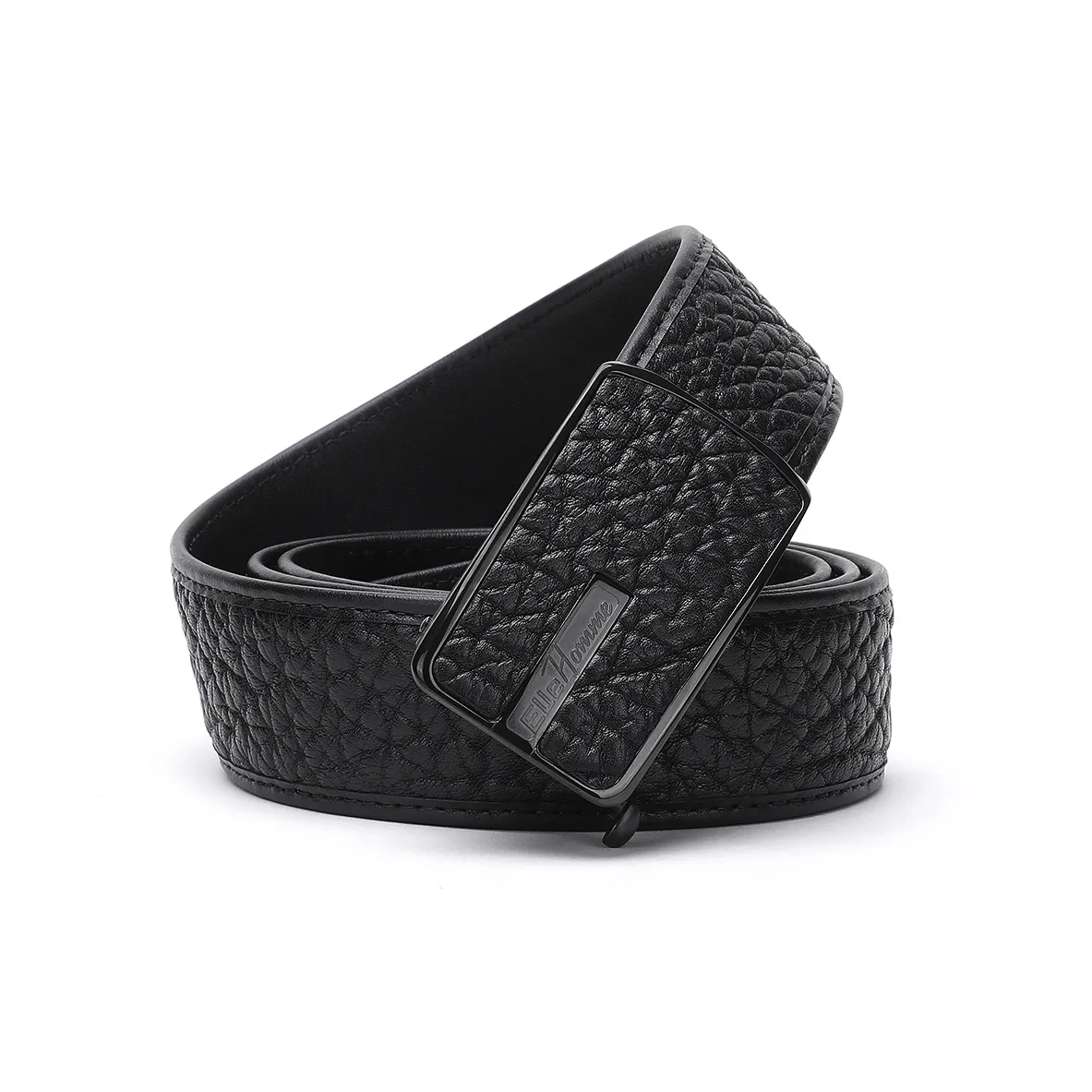 ELLE HOMME Men's Top Grain Cow Leather Automatic Buckle Belt Studded Steel Buckle Men's Belt Men's Black Width 3.7cm