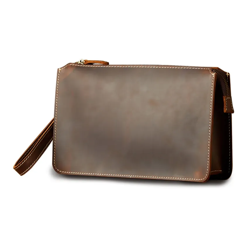 Simple&nature Top Grain Cow Leather Handbag Wallet Envelope Clutch Medium Size Men's Brown/Dark Brown