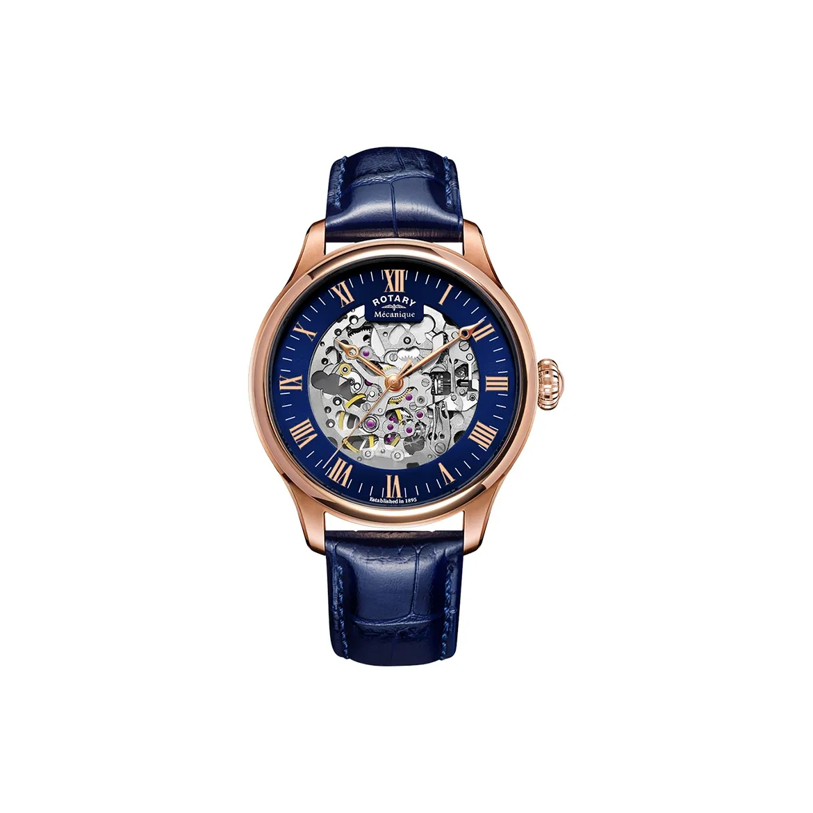 ROTARY Greenwich Series Wrist Watch Automatic Mechanical Movement Genuine Leather Strap Blue Dial Men's Watches