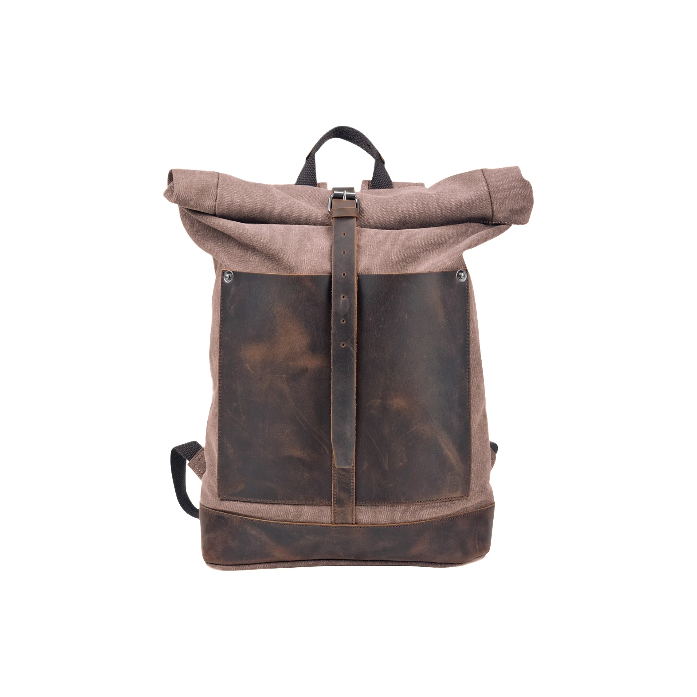 Slazenger Canvas With Top Grain Cow Leather Backpack Large Size Unisex Coffee/Dark Gray/Military Green