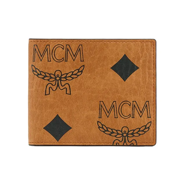 MCM Aren Visetos Leather Wallet Small Size Unisex Cognac