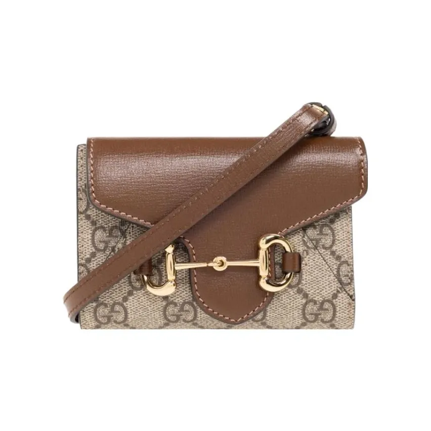 GUCCI Horsebit 1955 Canvas With Leather Crossbody Bag Coin Purse Card Holder Wallet Mini Women's Beige/Ebony