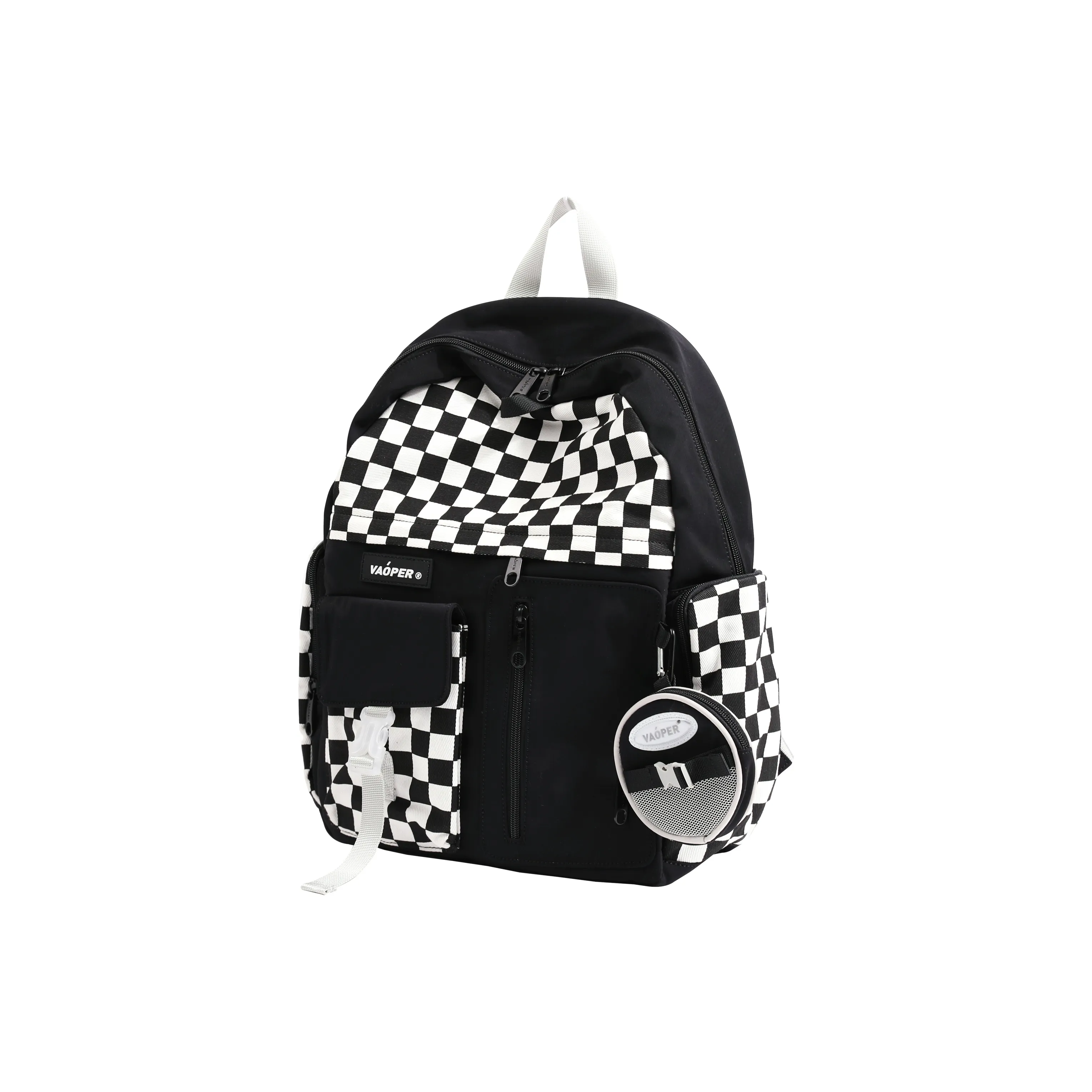 VAOPER Polyester Backpack Medium Size Unisex Black White Plaid/Red White Plaid