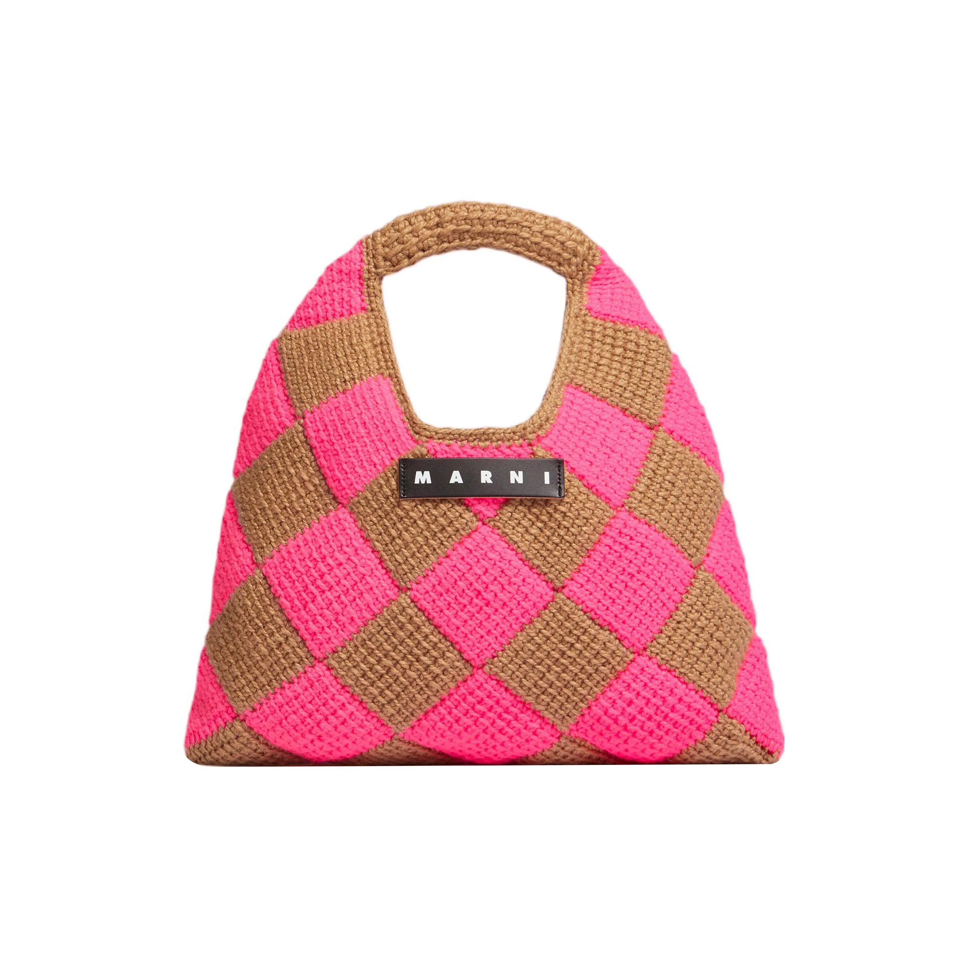 MARNI Акриловая трикотажная ткань с коровьей кожей корзина-сумка средний размер женский коричневый розовый