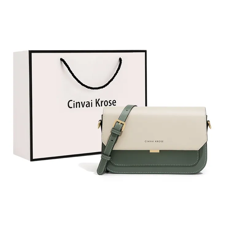 Simvay Clos Cow Leather Small Square Bag, Crossbody Bag, Shoulder Bag Small Size Women's Ecru & Green/Ecru